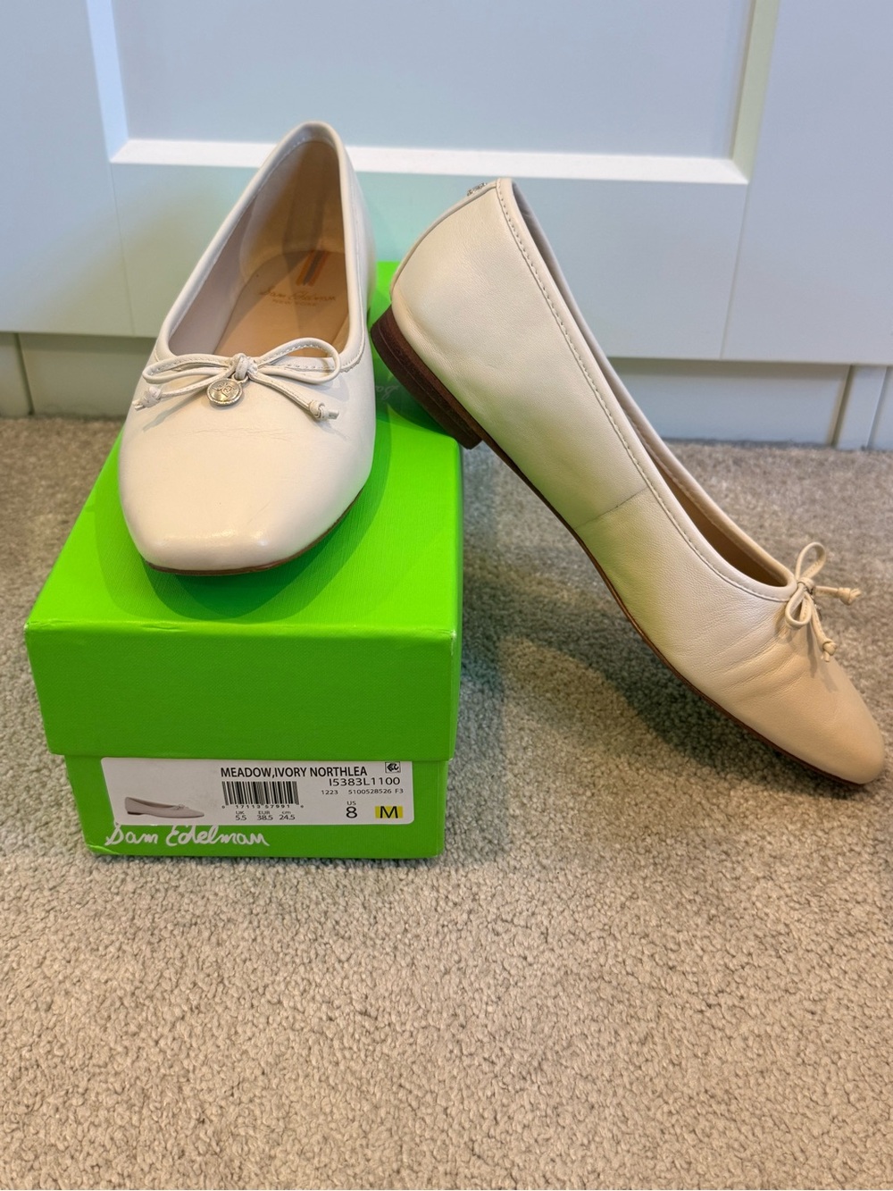 Sam Edelman Ivory Leather Ballet Flats with Bow Charm